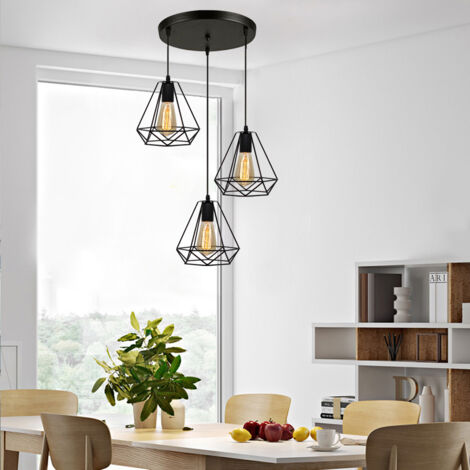 Lampada a Sospensione, 3 Luci Vintage Lampadario da Soffitto in Metallo, Ø20cm Diamante Paralume con E27 Base per Soggiorno Camera da Letto a Isola Cucina (Nero)