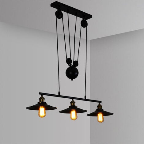 Lampada a Sospensione, 3 Luci Vintage Lampadario da Soffitto Regolabile con Paralume, Illuminazione a Puleggia Edison E27 per Cucina Isaland Camera da Letto (Nero)