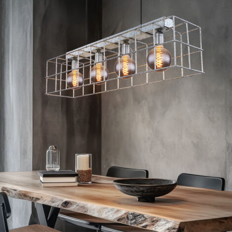 Lampada a sospensione 4 fiamme a sospensione soggiorno lampada a sospensione industriale E27, griglia metallica color zinco, 4x prese E27, LxLxH 90x20x150 cm