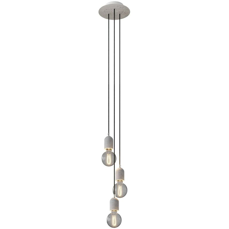 Image of Lampada a sospensione a 3 cadute con Rose-One rotondo 200 mm completa di cavo tessile e finiture in cemento Montato - Senza lampadina - Cemento
