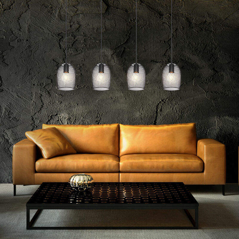 Image of Faretto a sospensione a soffitto con luce a treccia a filamento, lampada a sospensione nera da soggiorno in un set che include lampadine a led