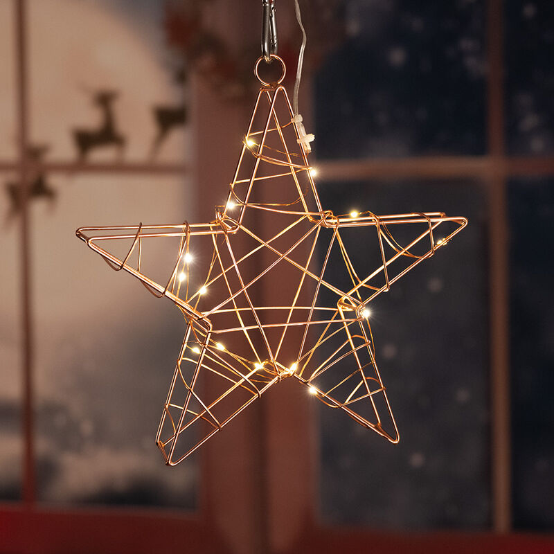 Image of Stella di Natale in rame, decorazione natalizia, rete metallica, stella dell'Avvento, soggiorno, metallo, batterie, 15x led, LxLxA 26x5x25 cm