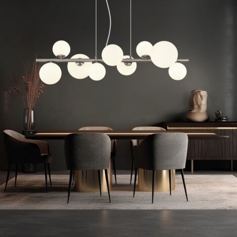 Lampada a sospensione a LED lampada da pranzo regolabile in altezza sfere di vetro lampada a sospensione vetro bianco, metallo nichel, 9x G9 3,5W 350Lm bianco caldo, LxPxA 87x34,5x120 cm