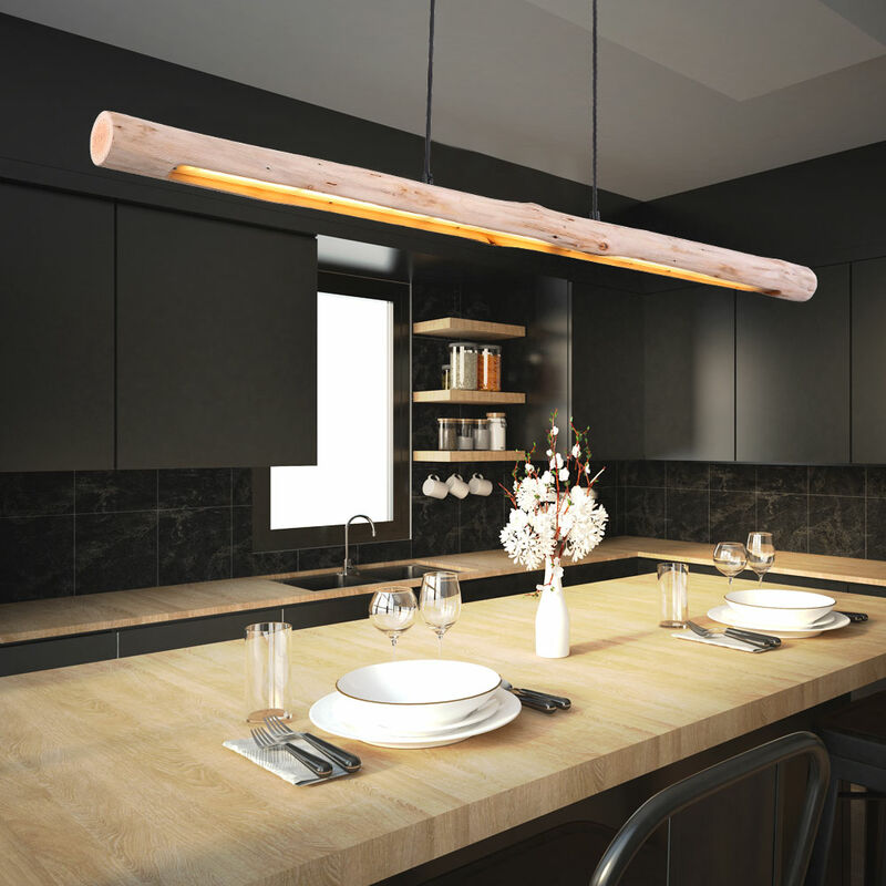 Image of Lampada a sospensione a led in legno chiaro lampada a sospensione regolabile in altezza dimmerabile, 3-step, nero, 20W 1358lm 3000K, l x p x a 120 x