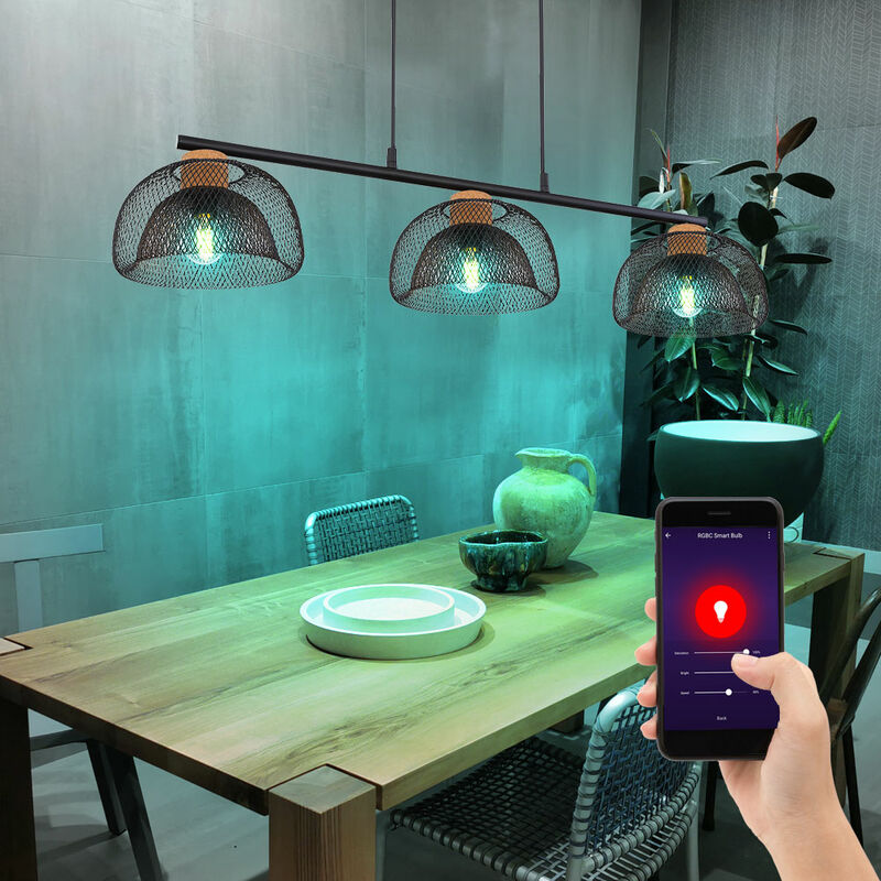 Image of Etc-shop - Lampada da soffitto a controllo vocale con app a sospensione a pendolo in sughero nero in un set che include lampadine a led rgb
