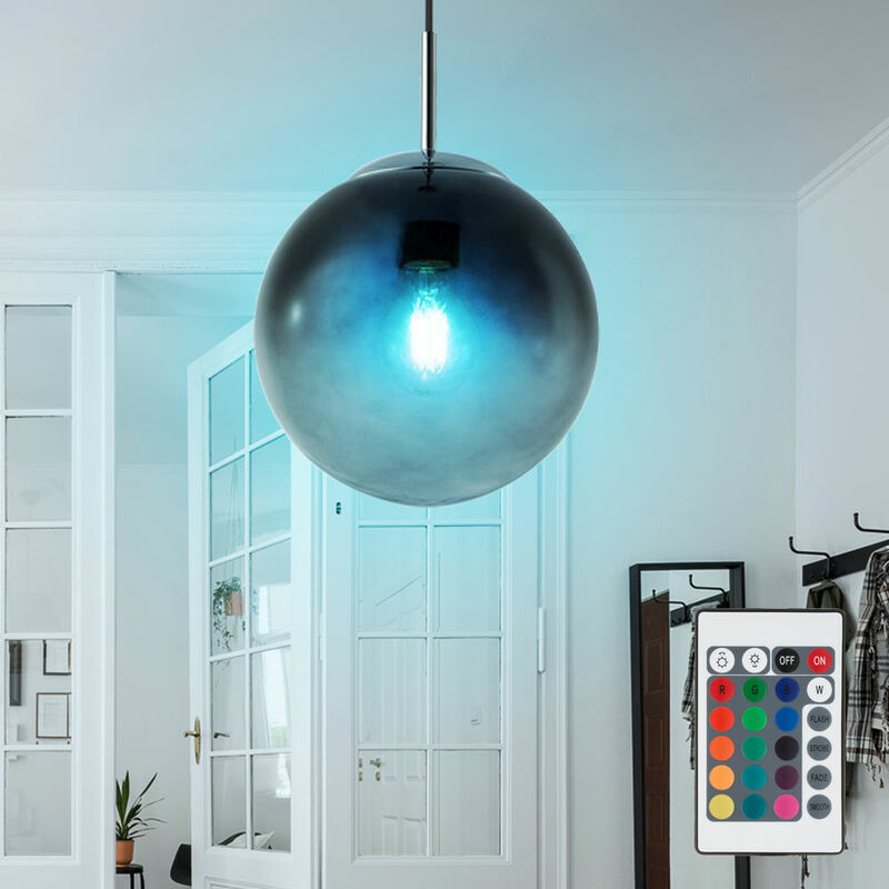 Image of Lampada a sospensione a pendolo per stanza di lavoro, telecomando con luce a sfera in vetro in un set che include lampadine a led rgb
