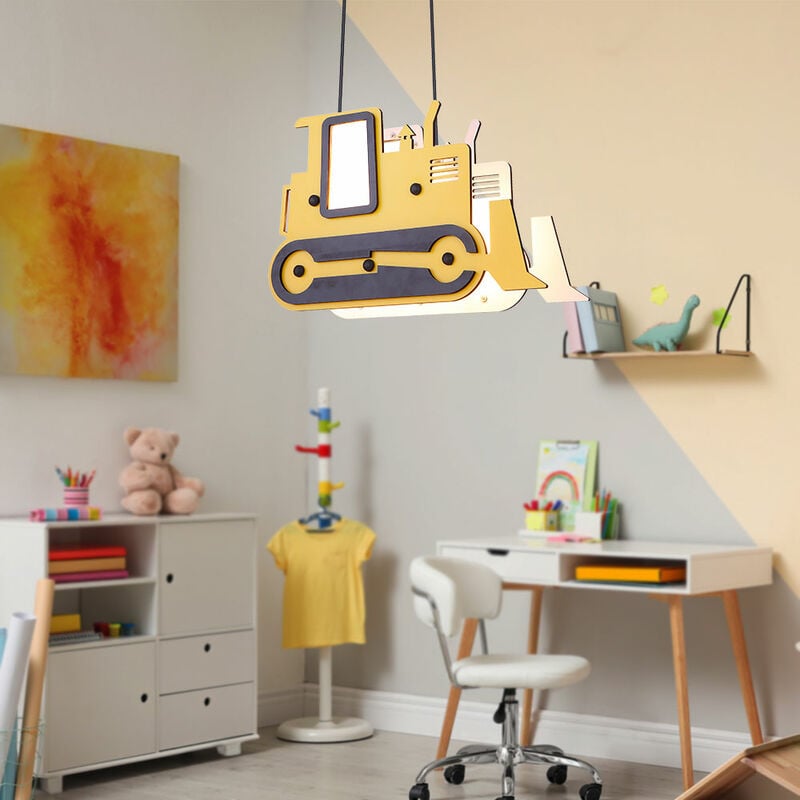 Image of Lampada a sospensione a soffitto per bambini escavatore cingolato lampada a pendolo per ragazzi nero giallo