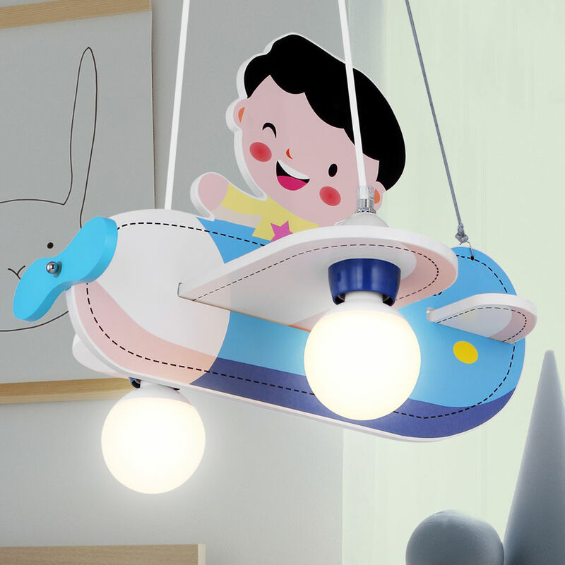 Image of Lampada a sospensione da soffitto per bambini, ragazzi, aereo, aviatore, in legno, lampada a sospensione blu in un set che include lampadine a led