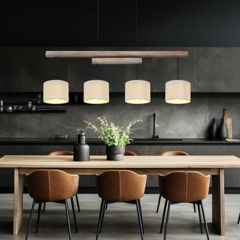 Lampada a sospensione a soffitto regolabile in altezza per sala da pranzo, travi in legno rustico, paralumi in tessuto grigio, metallo nero, LxLxA 113x18x120 cm