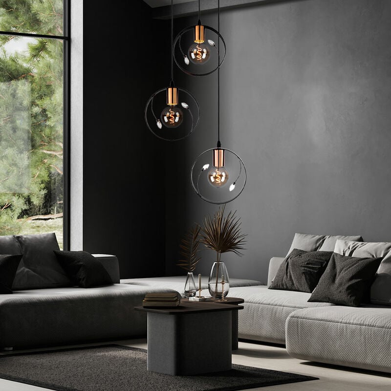 Image of Lampada a sospensione retrò da soffitto con design ad anello, lampada a sospensione in cristallo nera in un set che include lampadine a led