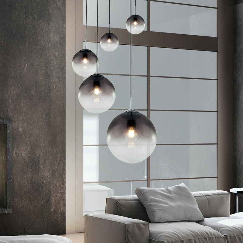 Image of Etc-shop - Lampada a sospensione da soffitto, sfera di vetro, lampada da sala da pranzo color fumo, cromo in un set, incluse lampadine a led