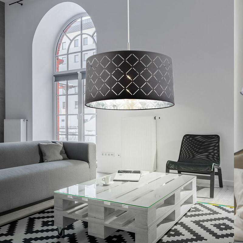 Image of Lampada a sospensione a soffitto soggiorno sala da pranzo illuminazione design tessile lampada a sospensione nero argento
