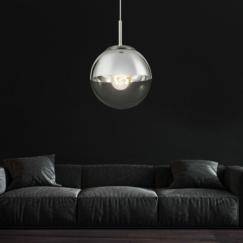 Image of Lampada a sospensione a soffitto per soggiorno, lampada a sospensione con sfera di vetro cromata trasparente in un set che include lampadine a led
