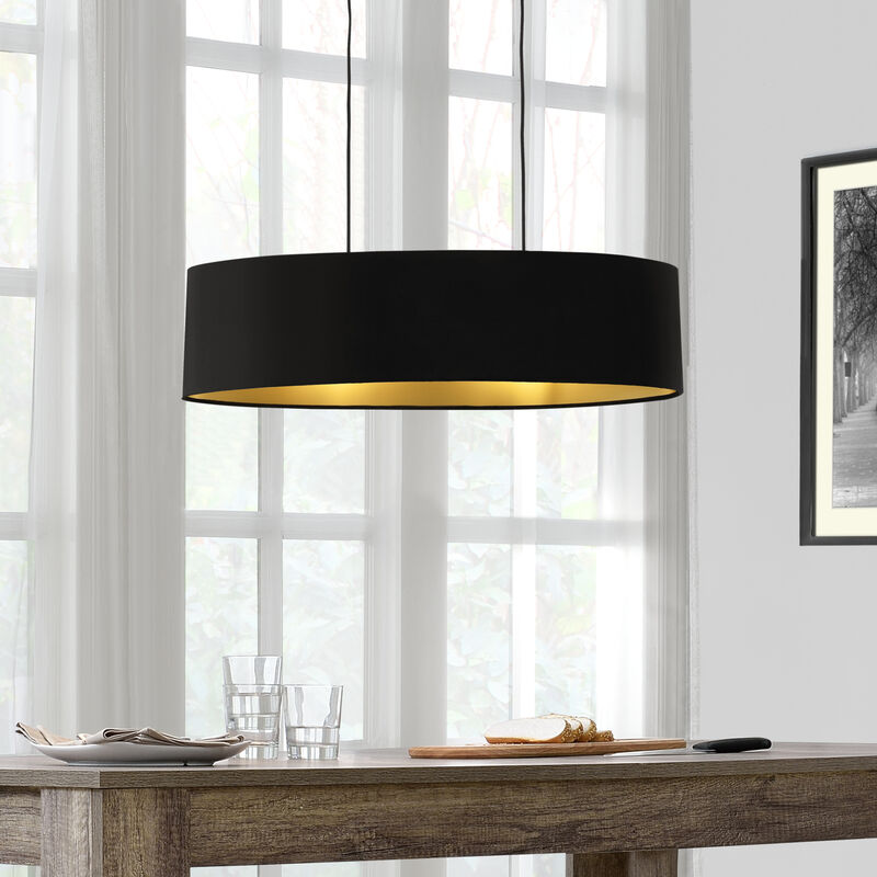 Image of Lampada a Sospensione H132 cm Paralume in Tessuto a Forma Ovale elegante nera