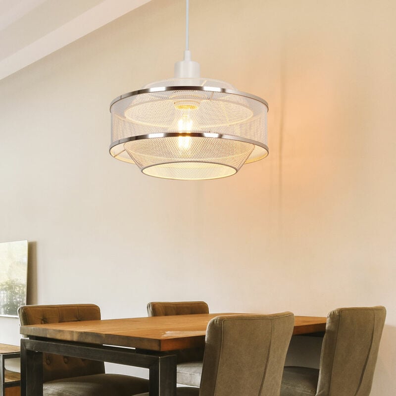 Image of Lampada a sospensione tavolo da pranzo lampada a sospensione retrò lampada da soggiorno vintage appesa, rete metallica, anello cromato bianco, 1x