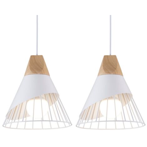 Lampada a Sospensione Bianco Stile Nordico Lampadario Forma di Badminton Metallo e Legno per Sala da Pranzo Cucina Soggiorno Barra 2 Pezzi