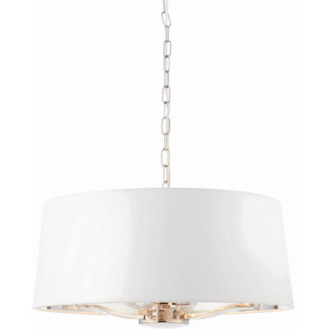 Lampada a sospensione cilindrica a più bracci in nichel brillante, tessuto bianco vintage