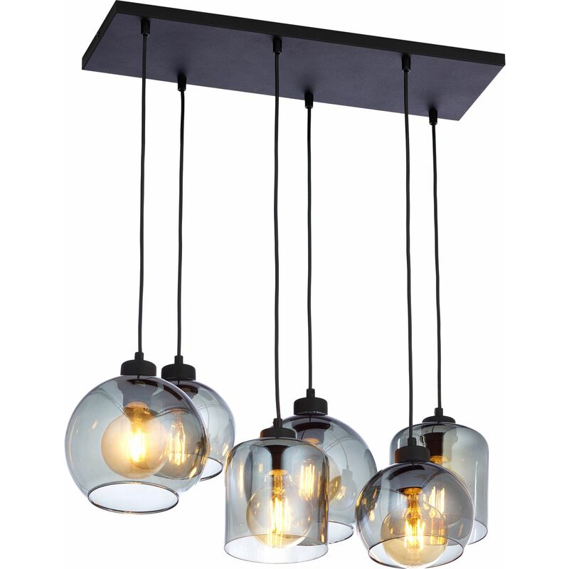 Image of Lampada a sospensione a 6 punti luce in stile moderno con paralumi in vetro color grigio nero ideale sopra al tavolo da pranzo - Nero, grafite