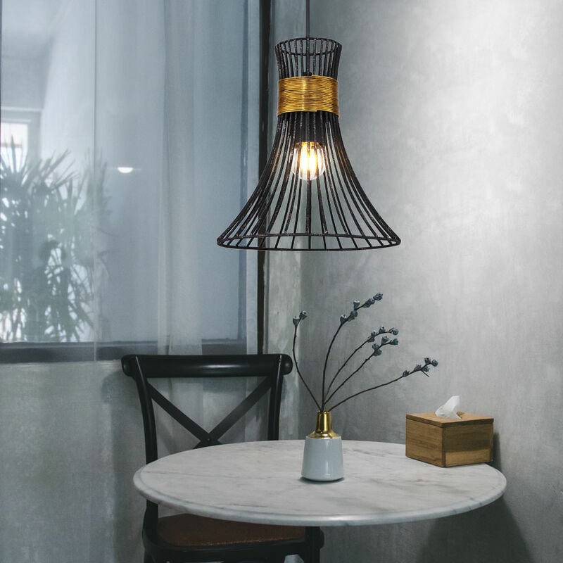 Image of Lampada a sospensione con reticolo nero lampada da sala da pranzo industriale oro accento lampada a sospensione gabbia nera, aste in metallo, 1x