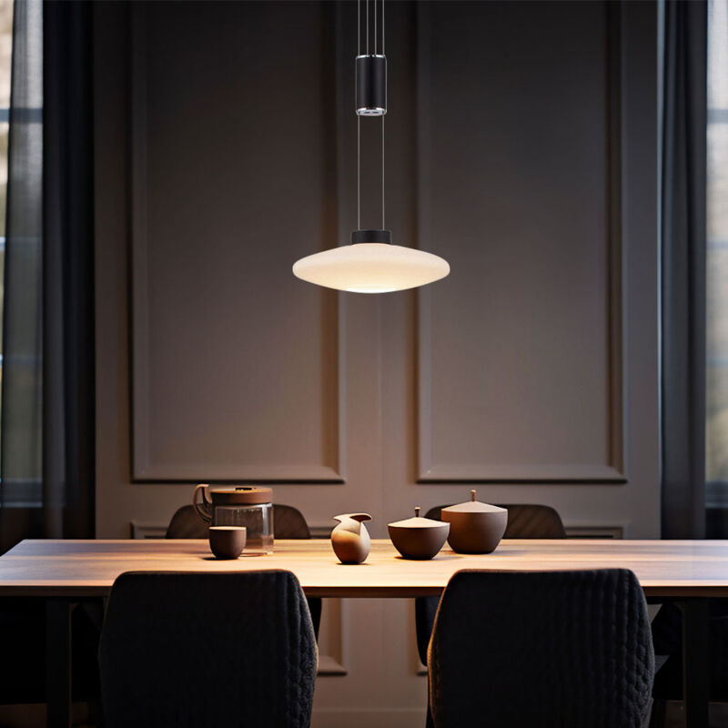Image of Lampada a sospensione con timone, lampada da tavolo da pranzo nera regolabile in altezza, lampada a sospensione, 1 lampadina led dimmerabile, vetro