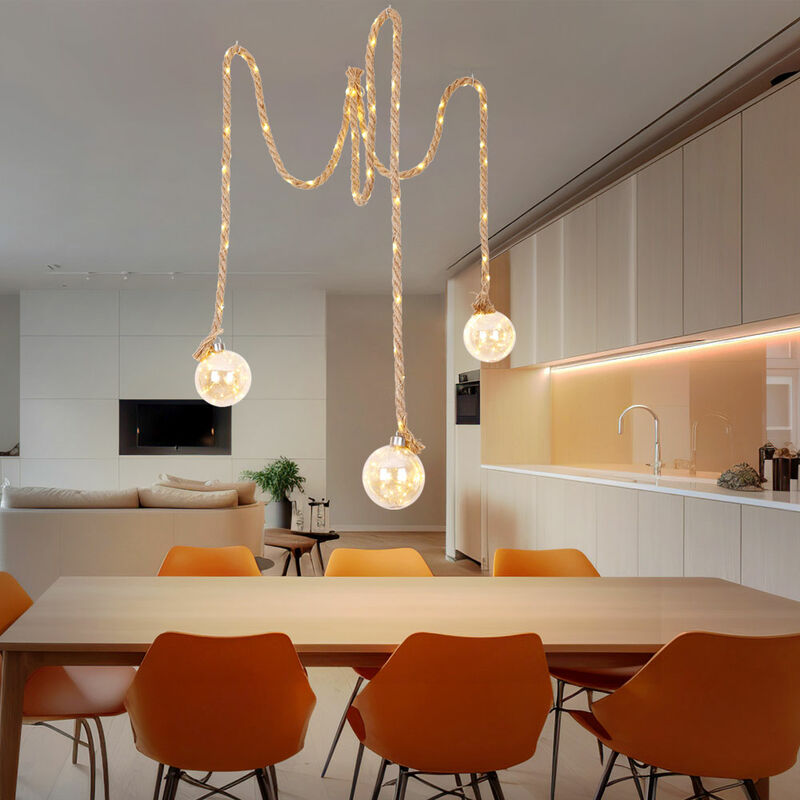 Image of Globo - Lampada a sospensione corda di canapa soggiorno tavolo da pranzo lampada a sospensione corda di canapa moderna, vetro marrone ambra, 3x led,