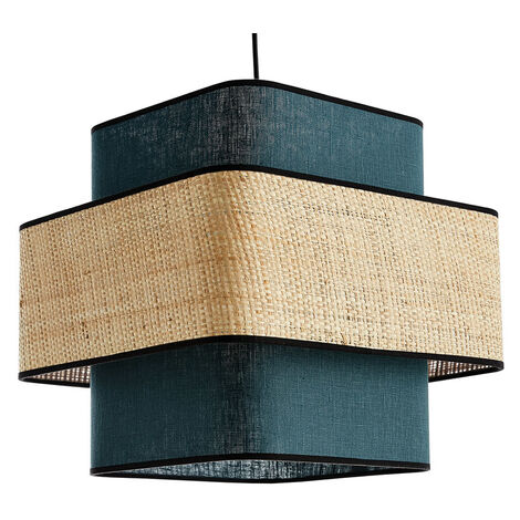 Lampada a sospensione cubo in lino blu anatra e fibra di rafia naturale L35 cm TERA