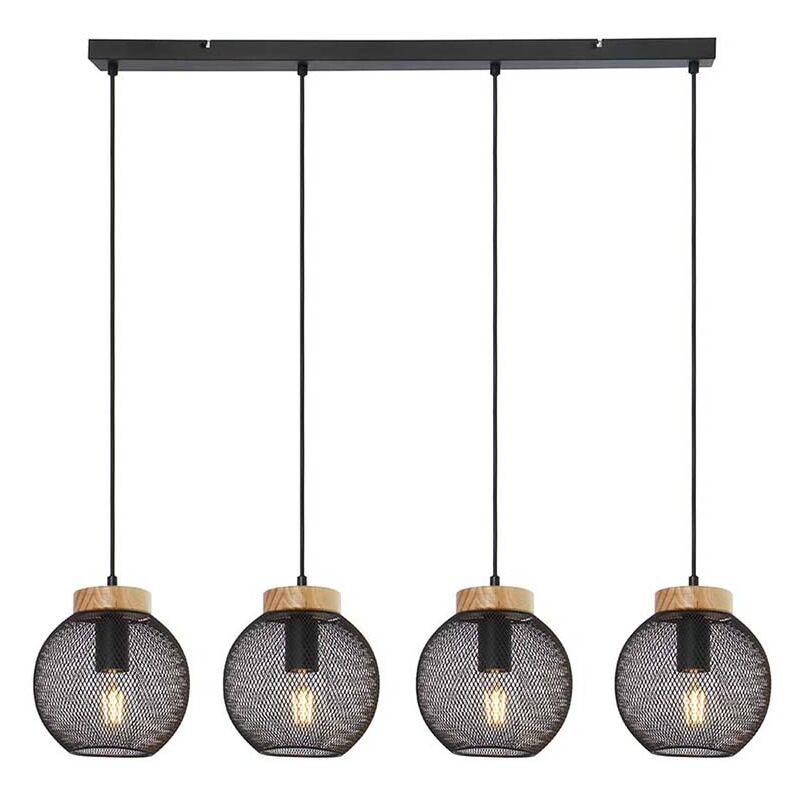 Image of Lampada a sospensione design gabbia lampada a sospensione tavolo da pranzo lampada a sospensione forma sferica in legno, griglia in metallo nero,