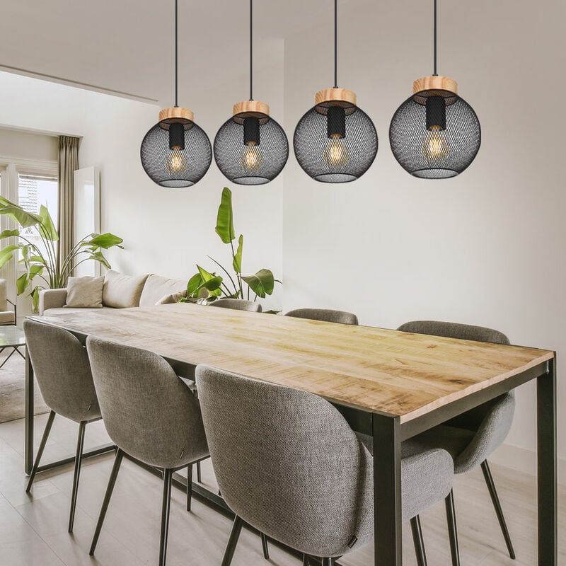 Image of Lampada a sospensione design gabbia lampada a sospensione tavolo da pranzo lampada a sospensione in legno forma sferica, griglia in metallo nero,