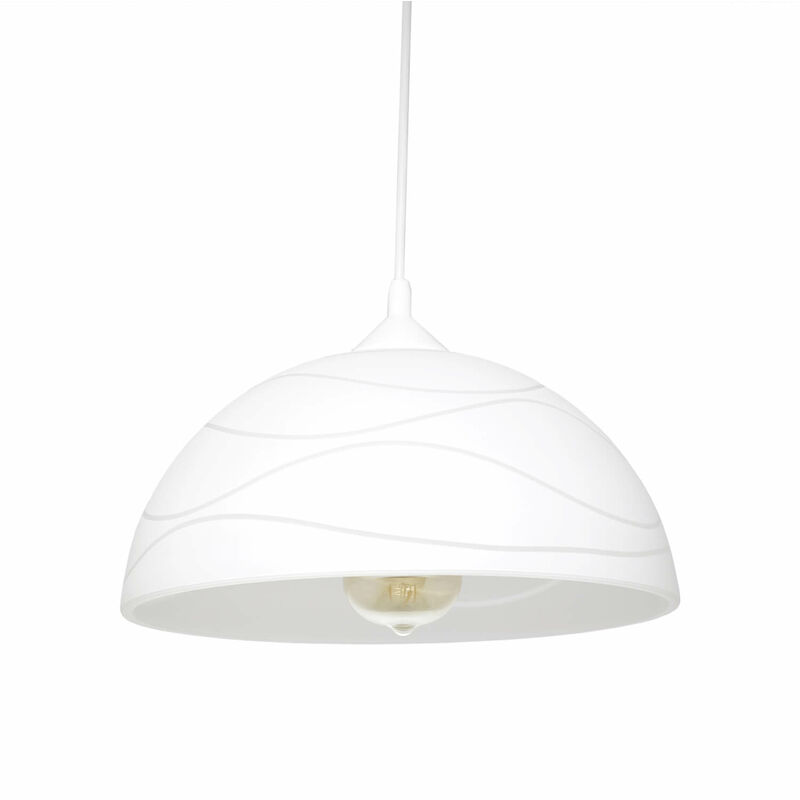 Image of Lampada a sospensione design retrò in vetro bianco 30 cm sopra tavolo da pranzo, in cucina - Bianco