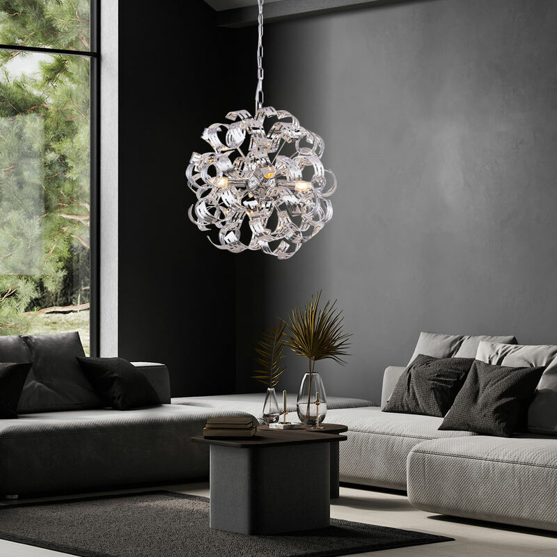 Image of Lampada a sospensione di design con illuminazione a soffitto a sfera cromata a pendolo in un set che include lampadine a led