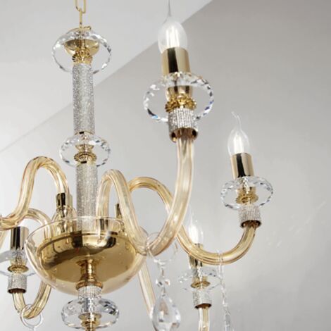 Lampada a sospensione DIDO D65 cm in vetro trasparente lavorato a mano 6 LUCI AMBRA