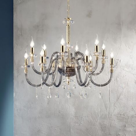 Lampada a sospensione DIDO D83 cm in vetro trasparente lavorato a mano 12 LUCI FUME'