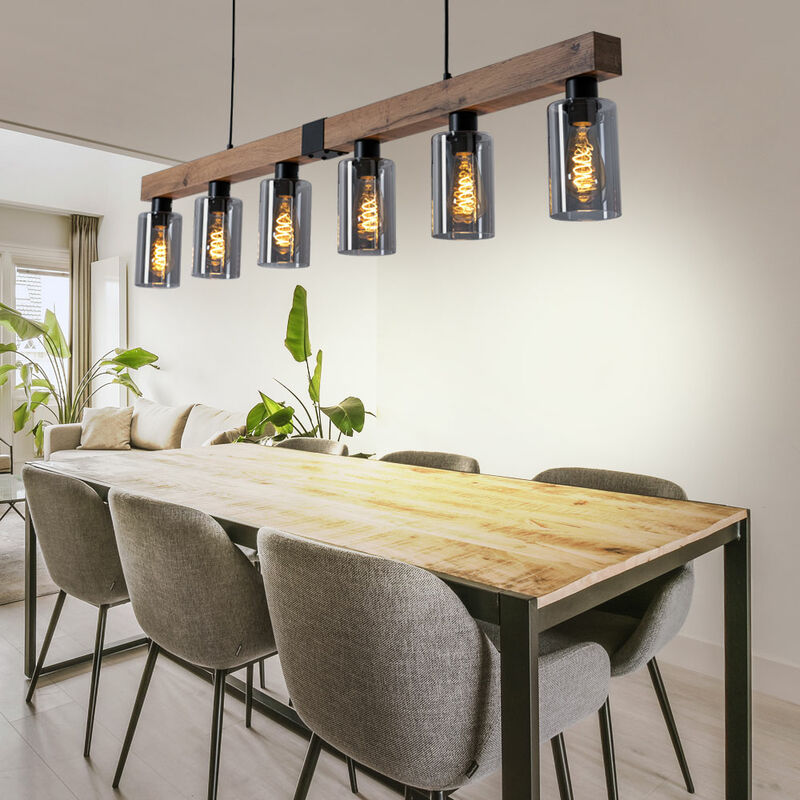 Image of Lampada a sospensione effetto legno lampada da tavolo da pranzo 6 fiamme lampada a sospensione soggiorno, vetro fumé metallo nero, 6x E27, LxH