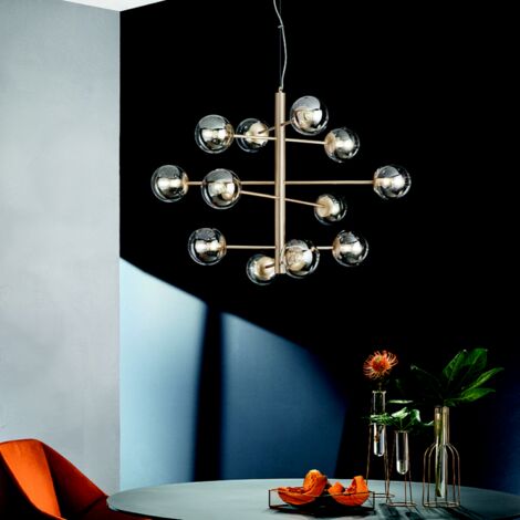 Lampada a sospensione ELISEO 97 cm a 12 Luci in metallo Oro e vetro soffiato Ambra