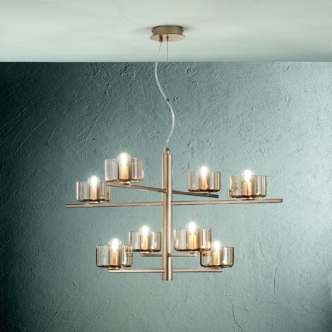 Lampada a sospensione FIGARO 94 cm a 8 luci in metallo con diffusori in vetro ORO