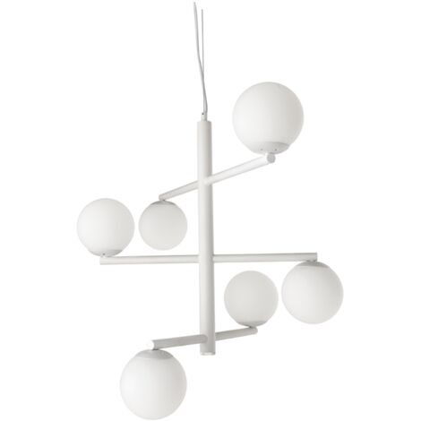 Lampada a sospensione GIZAH a 6 luci in metallo D76 cm con diffusori in vetro soffiato BIANCO
