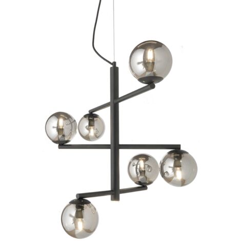 Lampada a sospensione GIZAH a 6 luci in metallo D76 cm con diffusori in vetro soffiato NERO