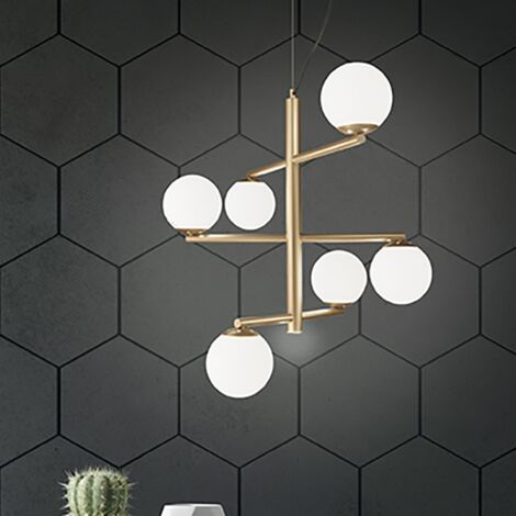 Lampada a sospensione GIZAH a 6 luci in metallo D76 cm con diffusori in vetro soffiato ORO