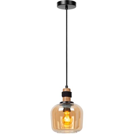 Lampada a sospensione ILONA vetro/legno nera Ø18 E27 Lucide