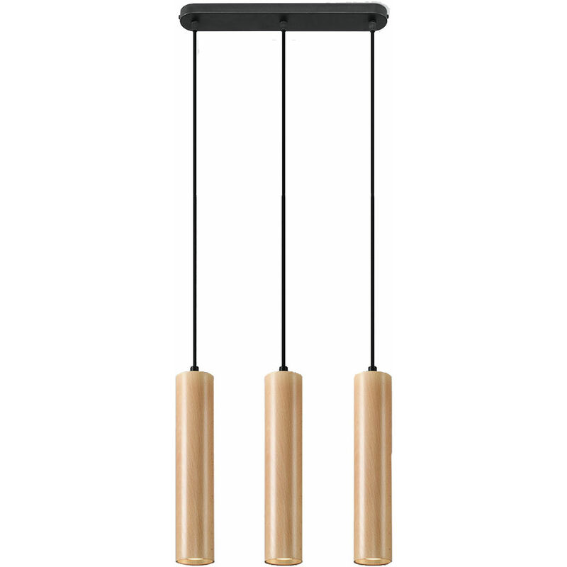 Image of Etc-shop - Lampada a sospensione in acciaio nero Lampada a sospensione cilindro in legno naturale Lampada a sospensione nera moderna, realizzata in