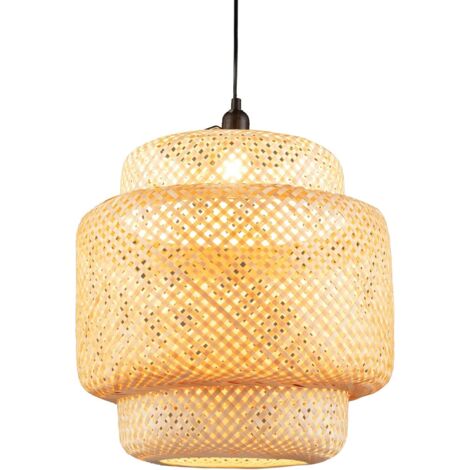 Lampada a sospensione in bambù Ø 40 x H 43 cm, paralume rustico in filo metallico 0-90 cm E27 40 W, lampada a sospensione naturale con piastra a soffitto in metallo, lampadario per soggiorno