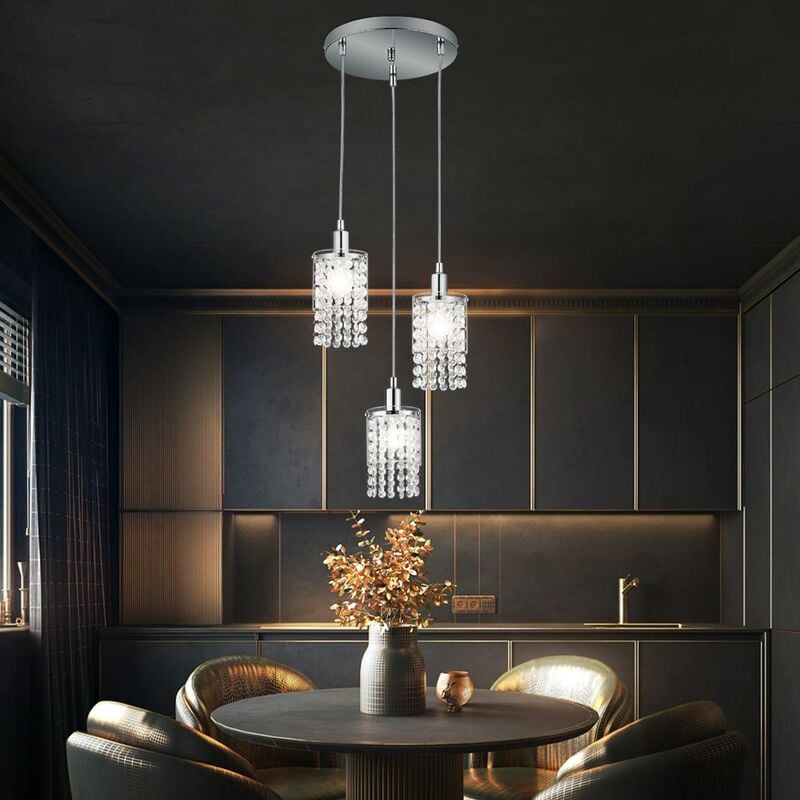 Image of Lampada da soffitto a sospensione in cristallo a pendolo in vetro cromato in un set che include lampadine a led