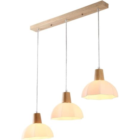 Lampada a sospensione in legno e vetro, lampada da soffitto in vetro bianco latte, lampada a sospensione rustica per cucina, isola sala da pranzo, decorazione corridoio (lampade dritte a tre teste, lu