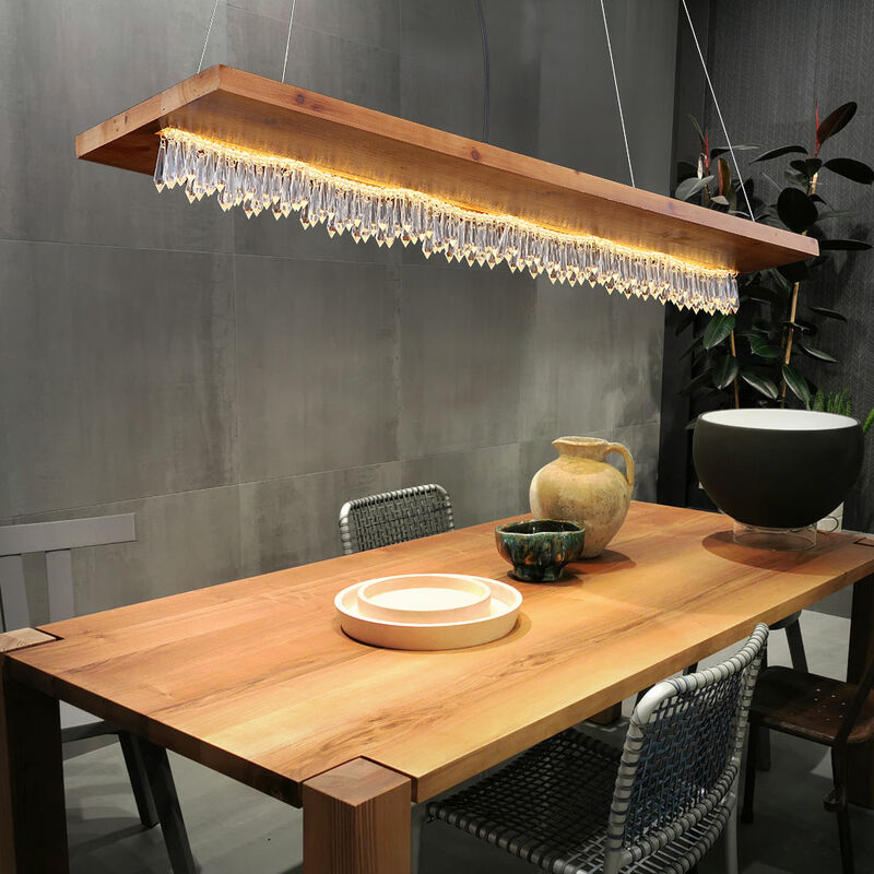 Image of Etc-shop - Lampada a sospensione in legno lampada da sala da pranzo decoro in cristallo Lampada a sospensione a led, metallo nero opale chiaro, 1x