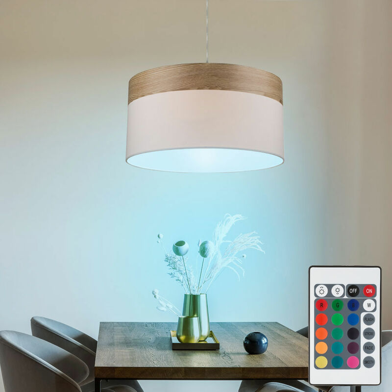 Image of Lampada a sospensione, dimmerabile con telecomando, lampada da tavolo da pranzo, lampada da cucina a led, aspetto legno, cambio colore rgb, bianco