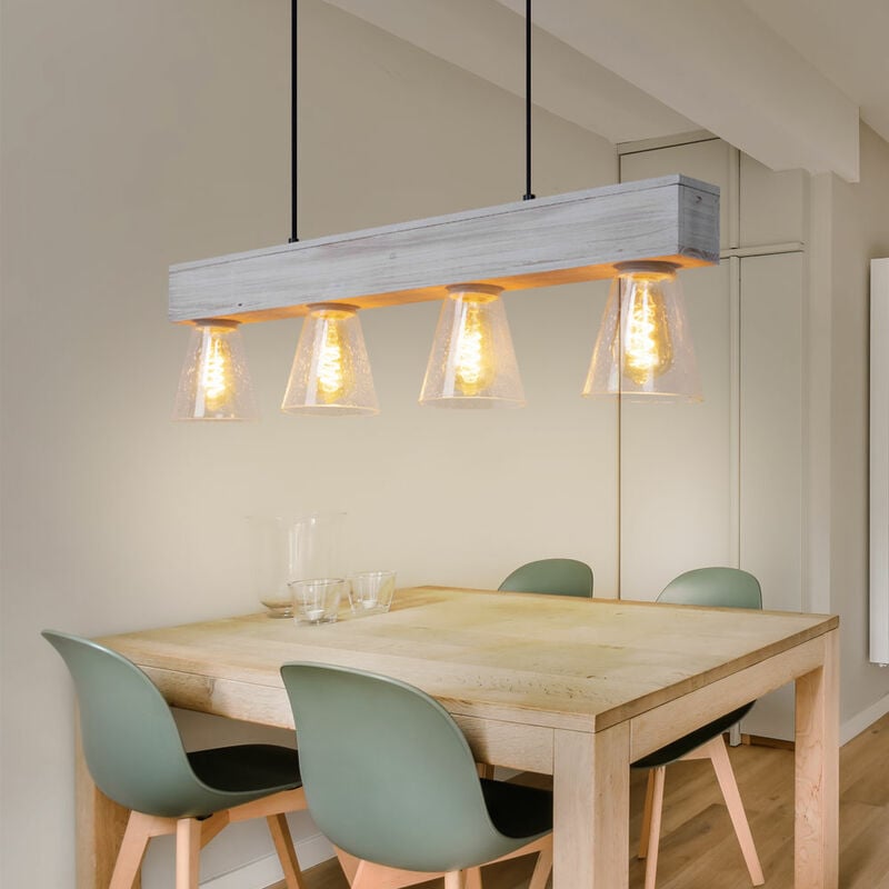 Image of Globo - Lampada a sospensione in legno luce lampada da tavolo da pranzo lampada a sospensione soggiorno, vetro con bolle d'aria, altezza regolabile