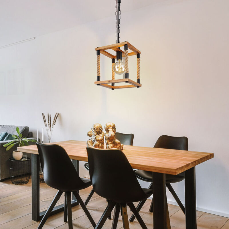 Image of Lampada a sospensione in legno per sala da pranzo, lampada a sospensione in corda di canapa, lampada da soggiorno, struttura in legno, metallo nero