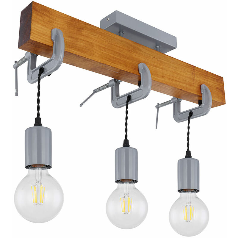 Image of Lampada a sospensione in legno rustico E27 Lampada a sospensione industriale, 3 fiamme, lampada da soggiorno, lampada da sala da pranzo, morsetti a