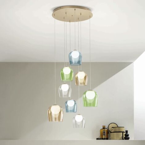 Lampada a sospensione in metallo 60 cm Oro e vetri colorati SANTOS 8 Luci Led