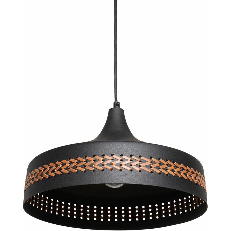 Image of Lampada a sospensione in metallo di ferro con paralume a cupola contemporanea in pelle pu nera Mameyes